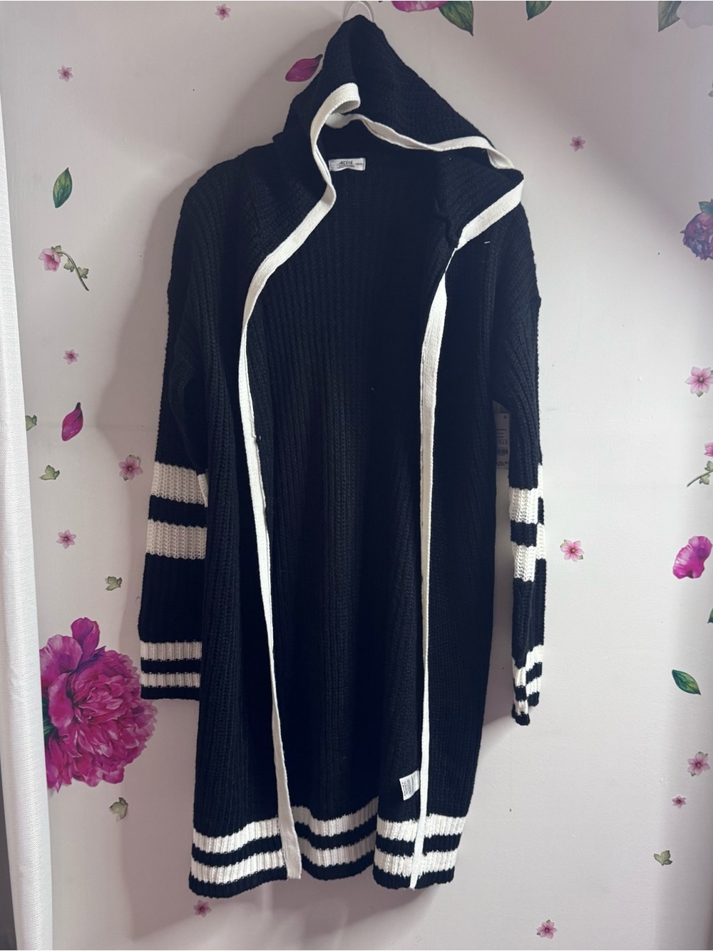 Ardene Black Hooded Long Cardigan with White Stripe Trim